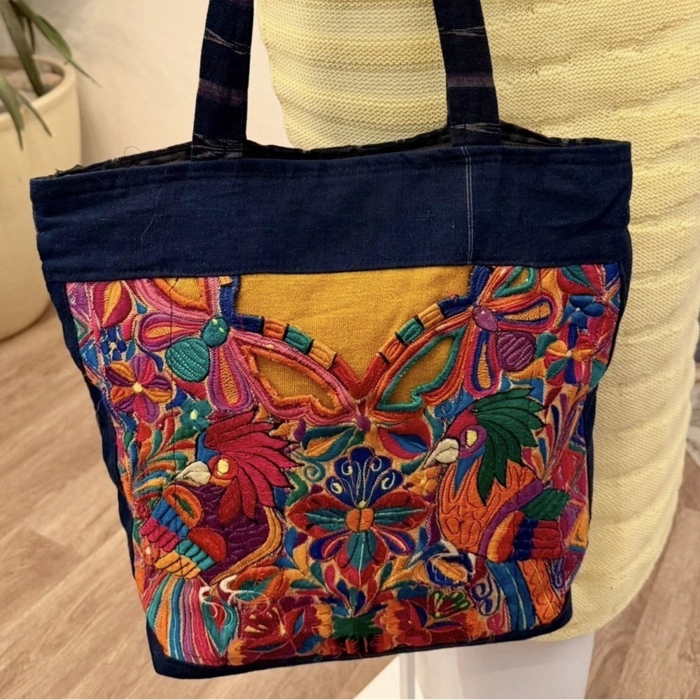 Boho Embroidered Tote Bag Artisan Floral Folk Art Hippie Purse VTG Gypsy Fabric